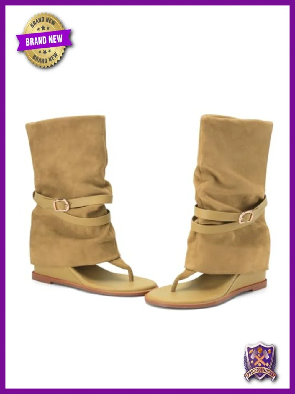 Suede Thong Wedge Sandal Boots Slouchy Mid Calf with Buckle Strap Boho